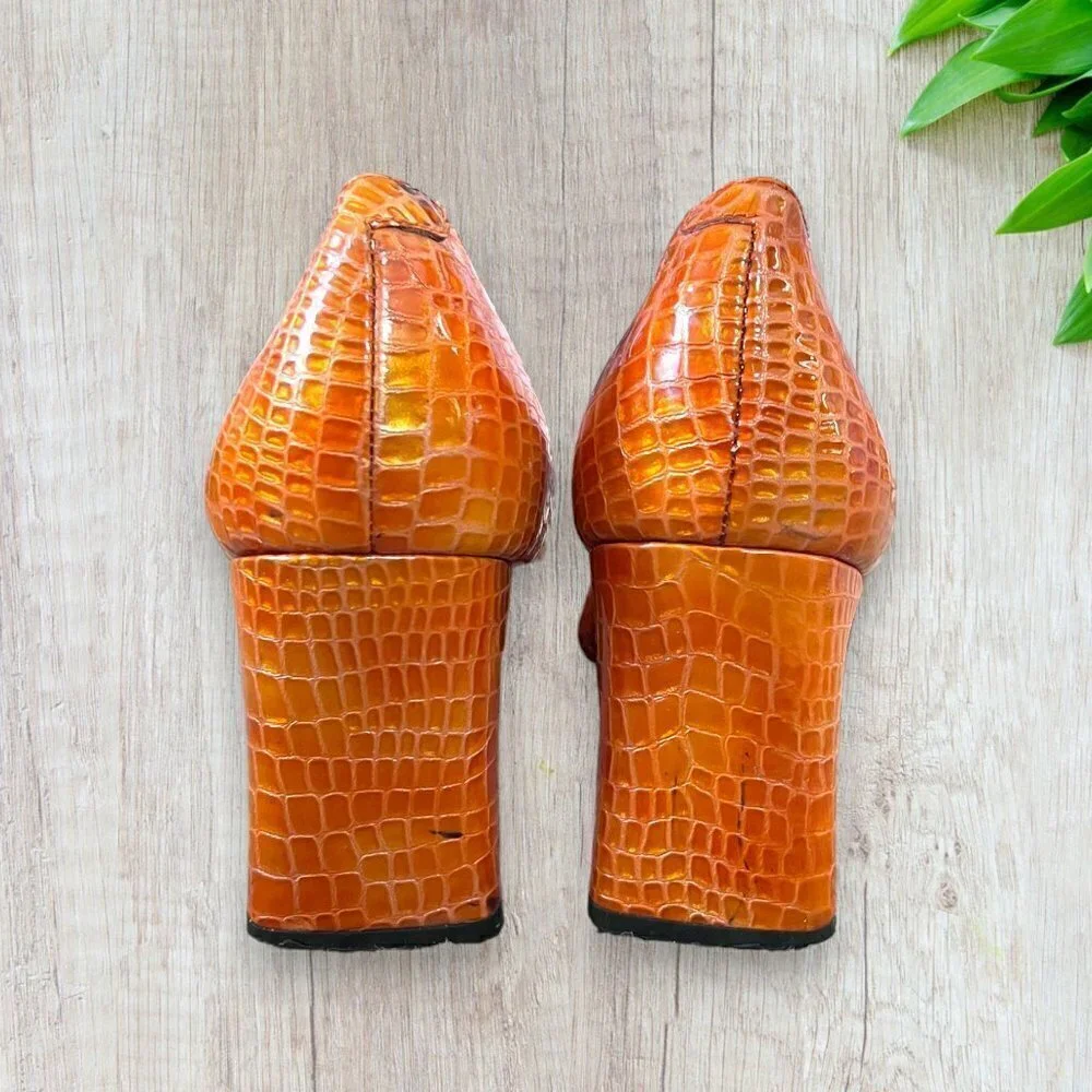 BELLINI Vintage 90s Orange Embossed Croc Print Square Toe Heels Womens 7.5